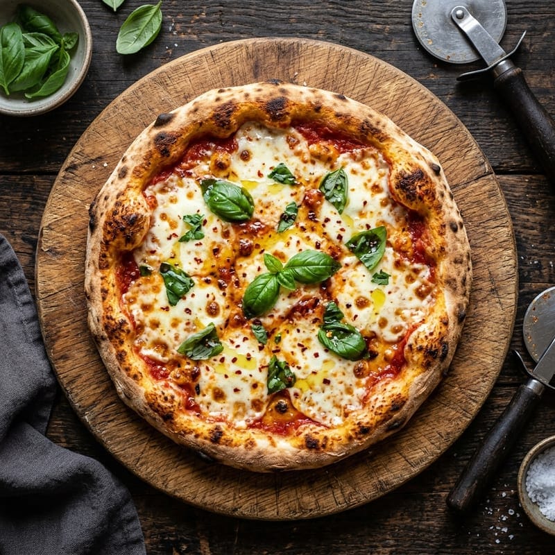 Pizza casera de muzzarella con albahaca recién horneada